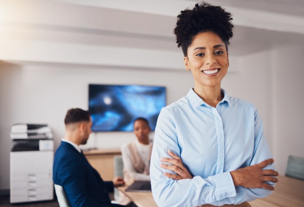 Pride, executive and portrait of a woman with arms crossed for business, meeting and coworking. Smi