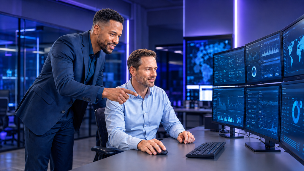 Cybersecurity consultant advising a security analyst on SecOps monitoring and performance.