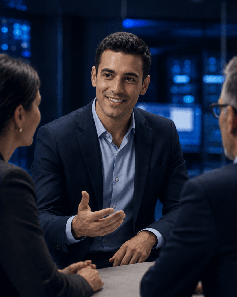 Younger cybersecurity consultant discussing security priorities with clients.