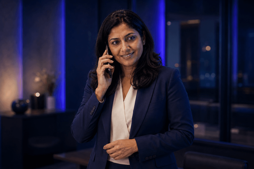 Smiling female executive calling for cybersecurity governance and leadership guidance.