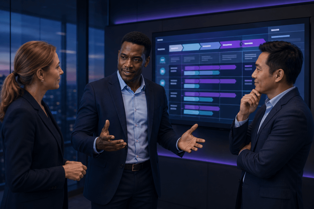 Executive guiding colleagues through cybersecurity program maturity priorities and capability improvements.