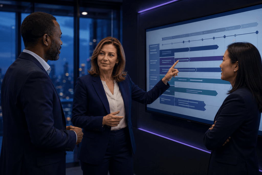 Executive presenting a prioritized cybersecurity roadmap to colleagues on a large meeting-room display.