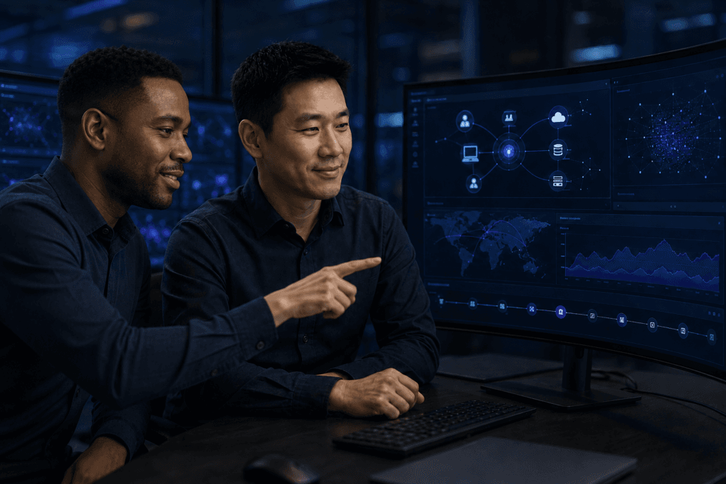Two security analysts reviewing unified monitoring data to identify meaningful threats.