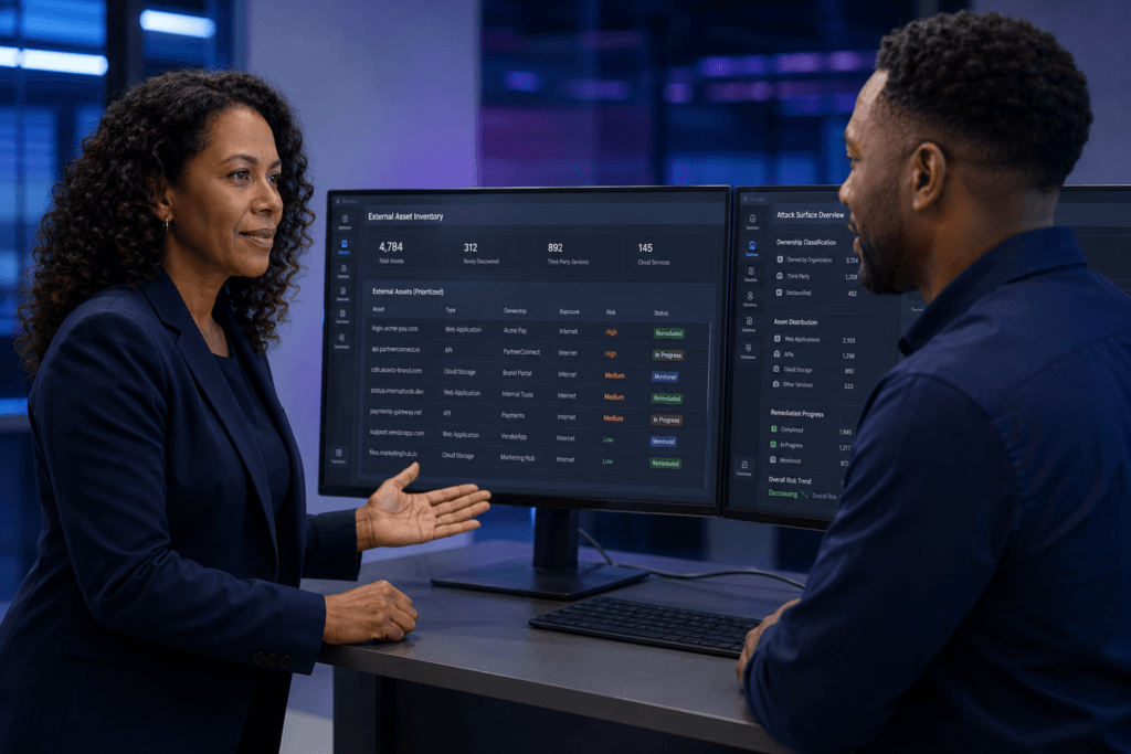 Security professionals reviewing an external asset inventory to identify exposures and reduce cyber risk.
